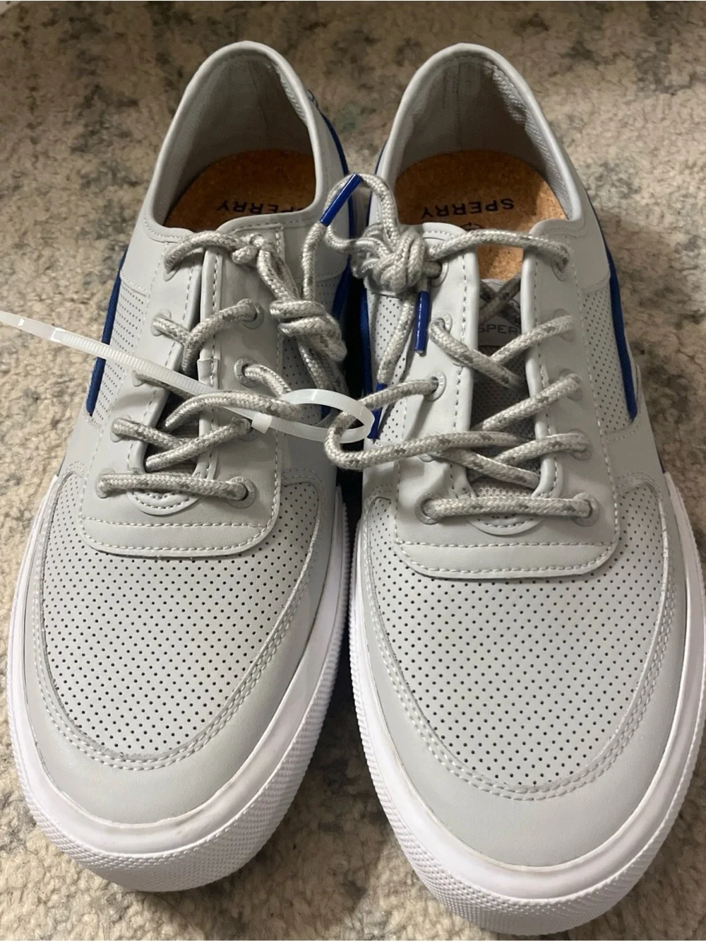 Sperry Men’s Light Gray Perforated Boat Shoes with Blue Accent